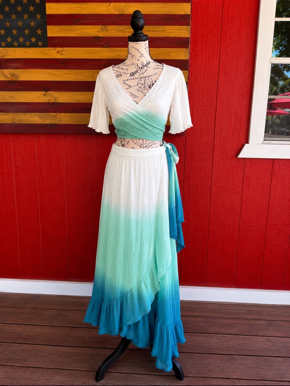 Ombre Wrap Maxi Skirt in White and Teal - Picture 1 of 2